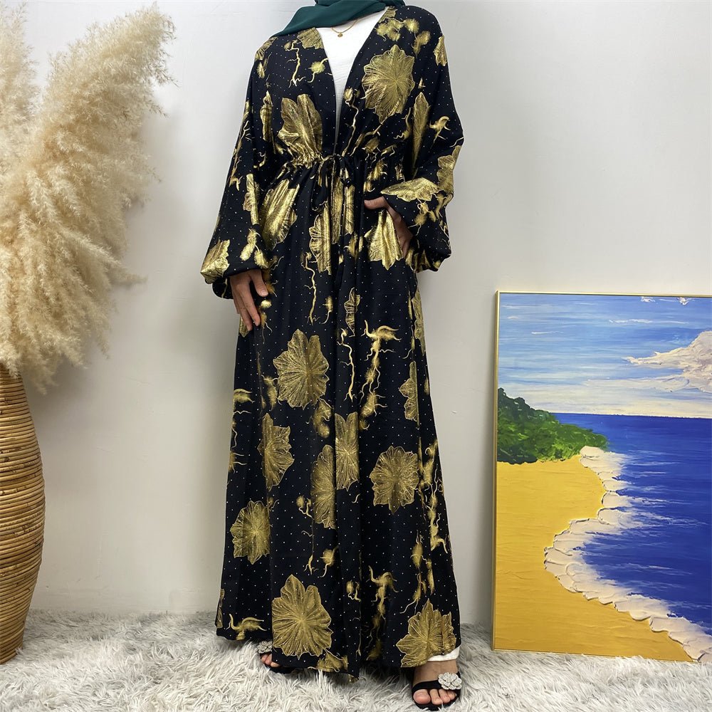
                  
                    Chaima Golden Floral Open Abaya - Amaanah Modesty
                  
                