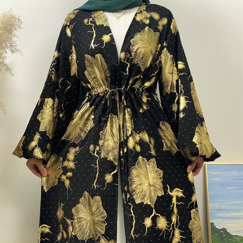
                  
                    Chaima Golden Floral Open Abaya - Amaanah Modesty
                  
                