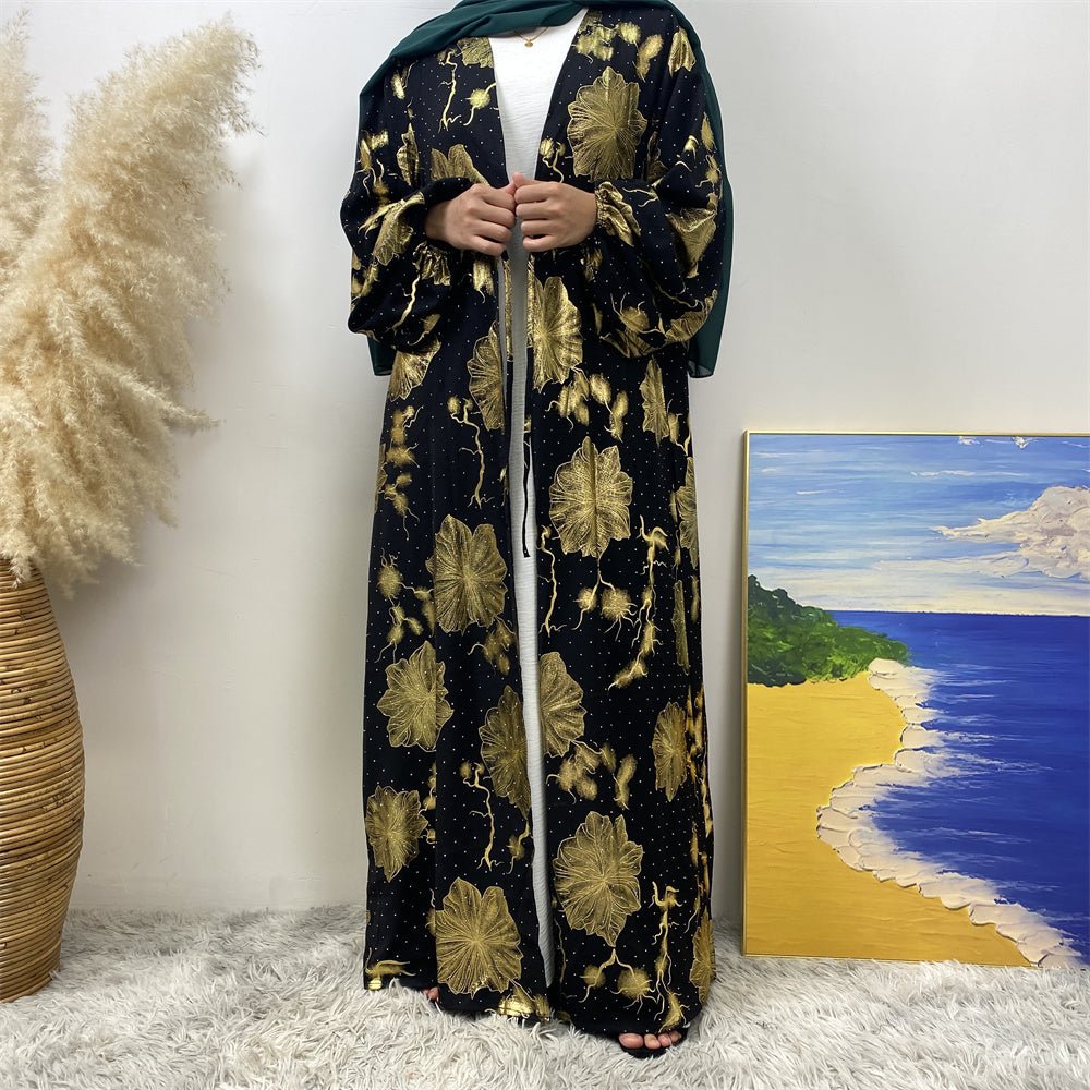 
                  
                    Chaima Golden Floral Open Abaya - Amaanah Modesty
                  
                