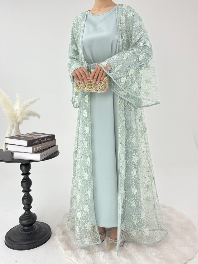 CL46 Celestial Lace Abaya Set ✦ Floral - Embroidered Cardigan & Satin Maxi Dress in Seafoam Green - Amaanah Modesty